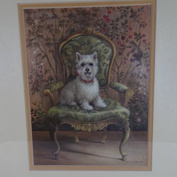 Westie Dog Print Chinoiserie by Elaine Vollherbst Gold Frame Matted 15" x 12.5" - Picture 4 of 9